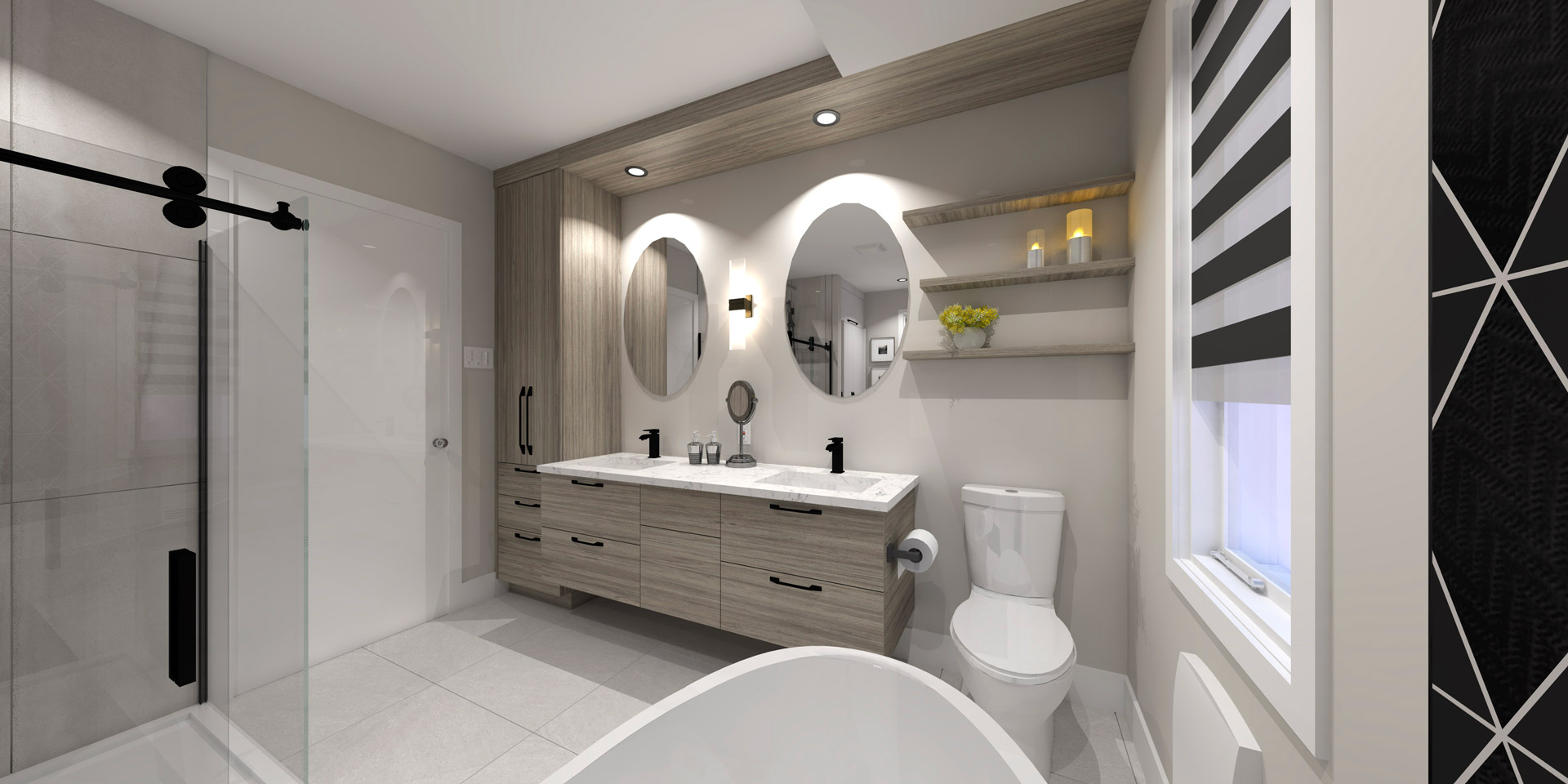 Salle de bain contemporaine insertion bande de céramique – Rendus 3D